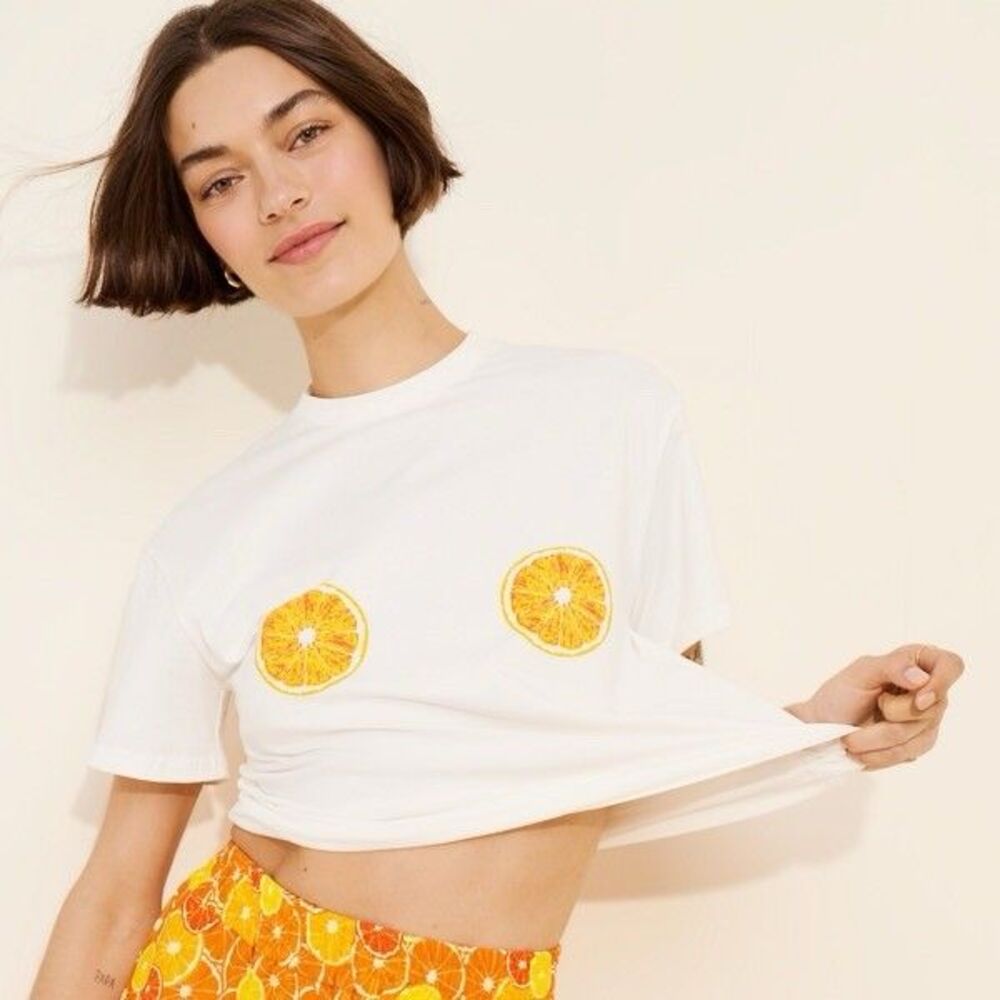 Never Fully Dressed Womens Embroidered Beaded Orange T-Shirt XXL White Cotton